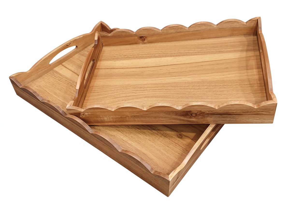 Scallop Acacia Wood Serving Tray with Handles - Kitchenware