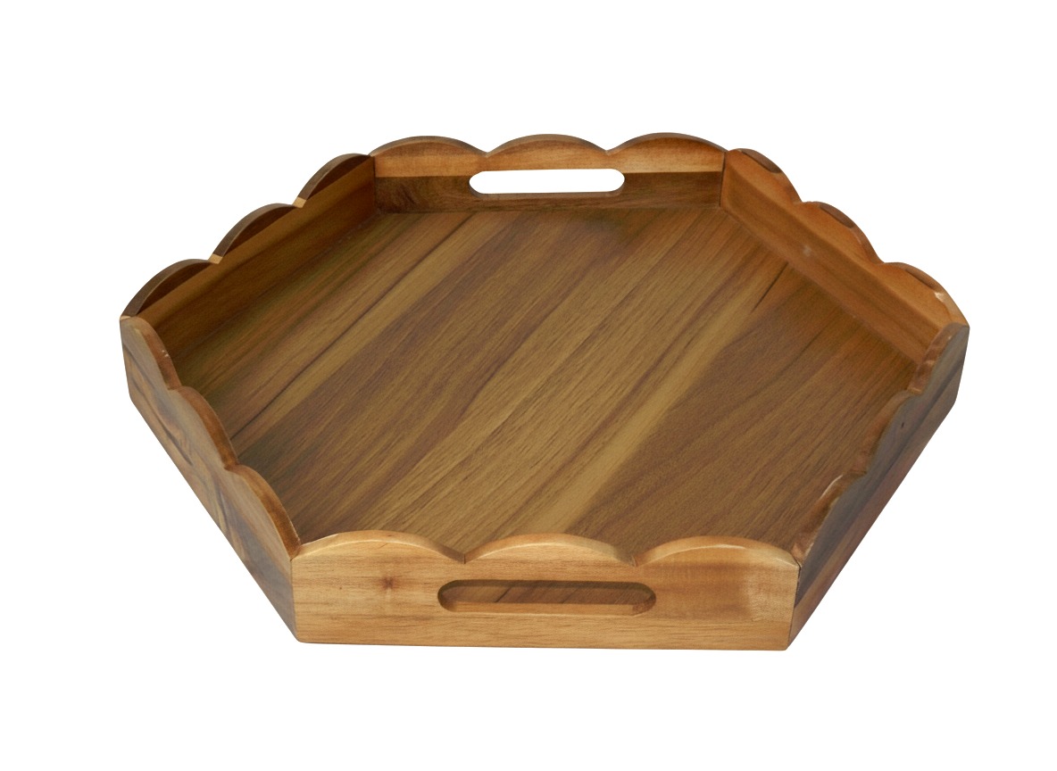 Acacia Wood Scallop Serving Tray with Handles